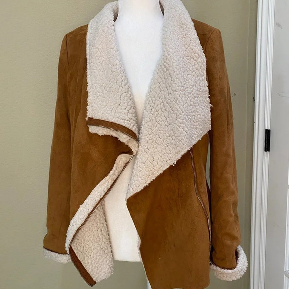 Faux Suede & Shearling Drape Coat by Miss Love - size Large - Picture 2 of 5